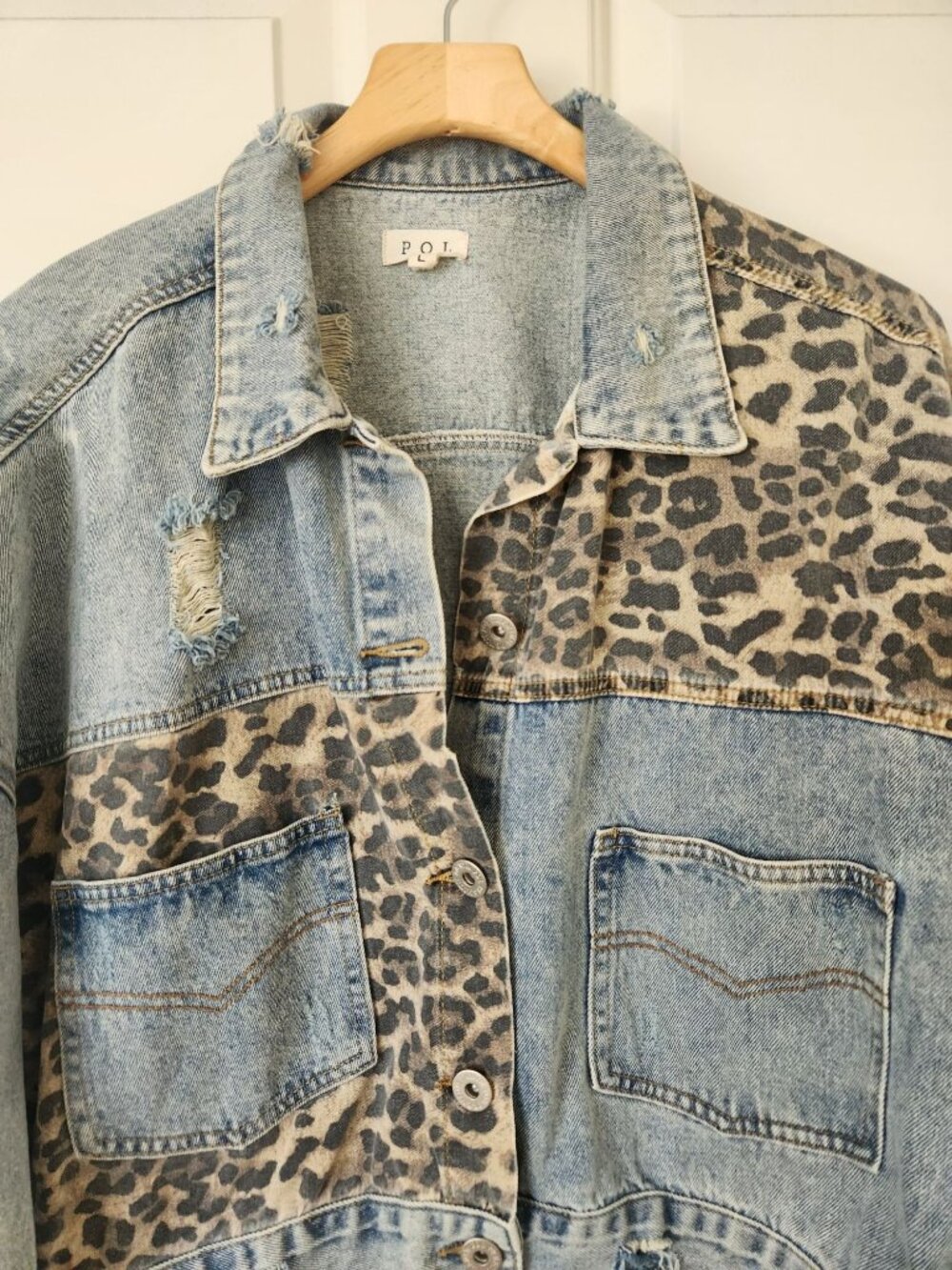 POL Leopard Print Denim Jacket Distressed Cropped Casual Glam Boho Cute Fall - Picture 3 of 6